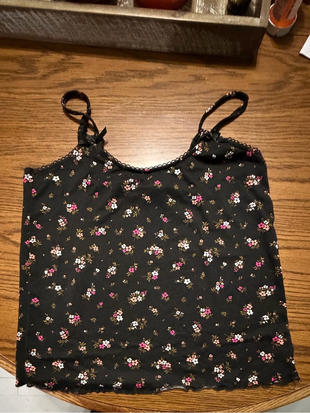 LG Black Floral Spaghetti Strap Cami with Pink and White Blooms